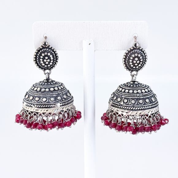 Vintage Silver Tone Red Glass Bead Indian Jhumka Earrings - Picture 2 of 7